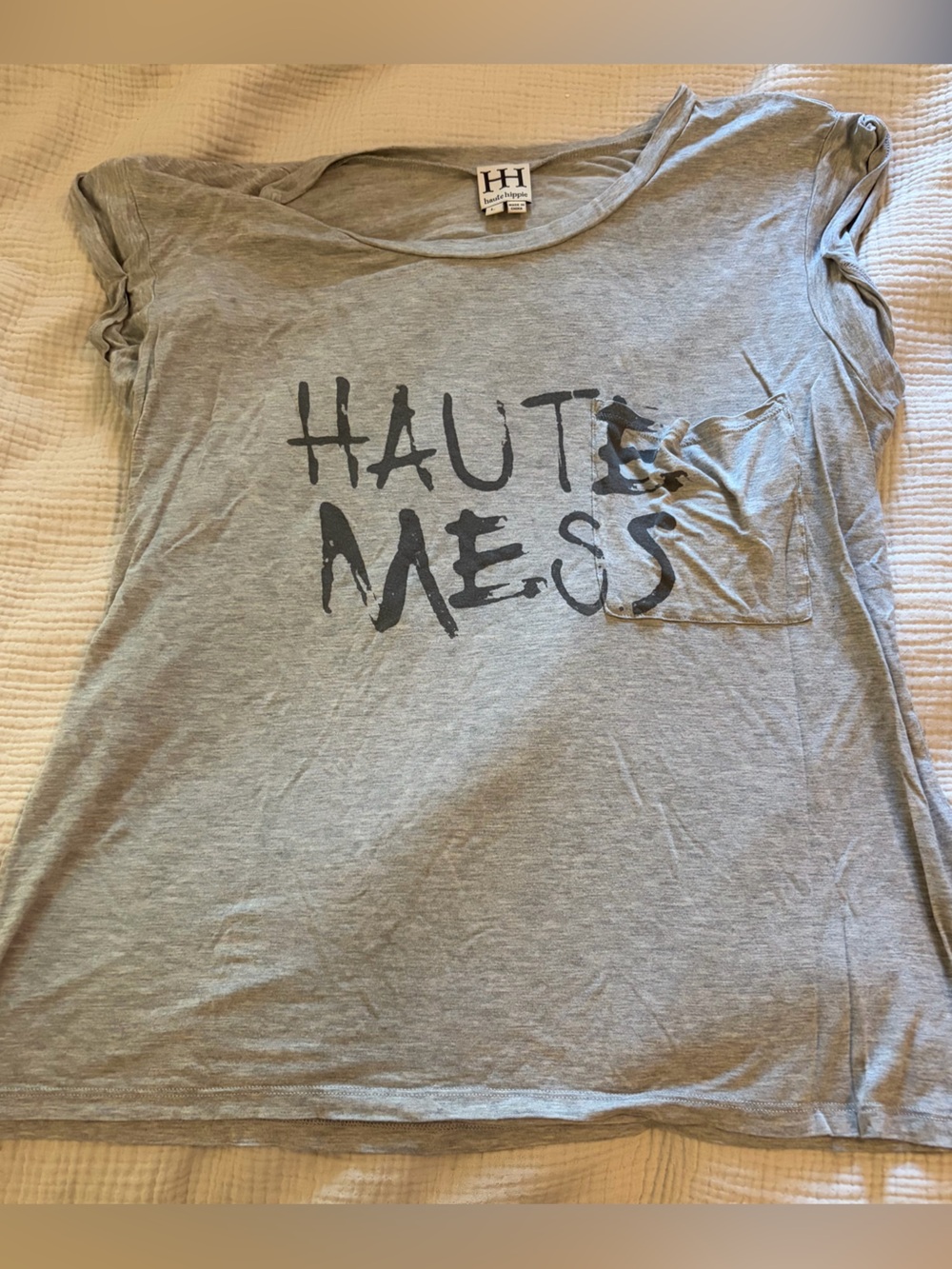 HAUTE HIPPIE “Haute Mess” Gray Graphic Tee with Pocket - SZ L